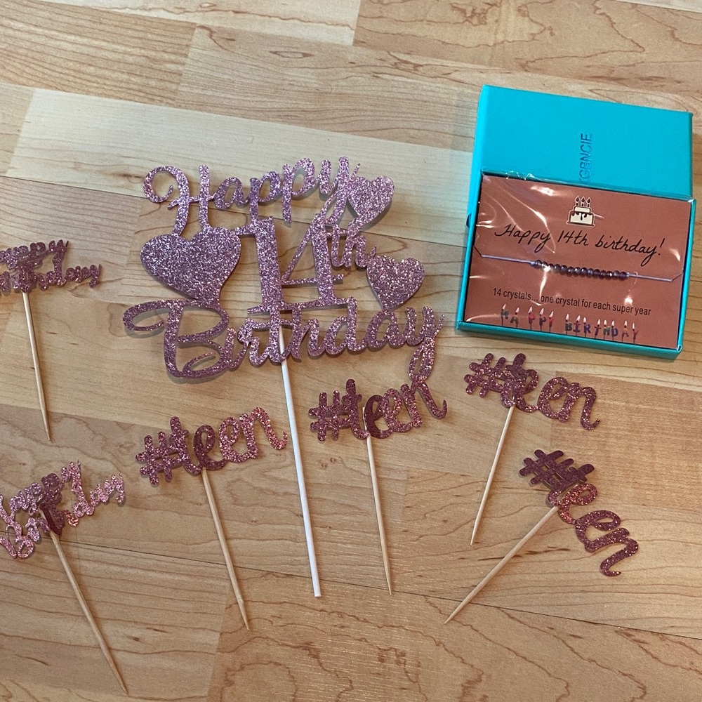 Bundle of Happy 14th Birthday pink Cake Topper Set & 14th bday bracelet gift